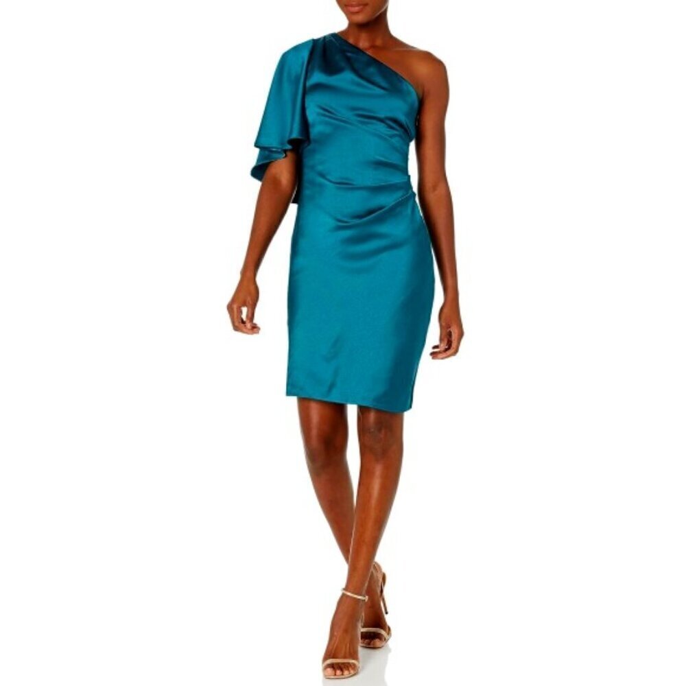 Trina Turk 'Jamila' One-Shoulder Satin Cocktail Dress, Pool Teal